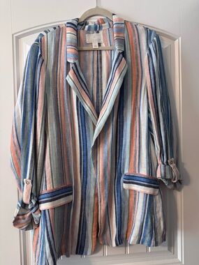Striped Linen-Blend Blazer Jacket — Multi-Color